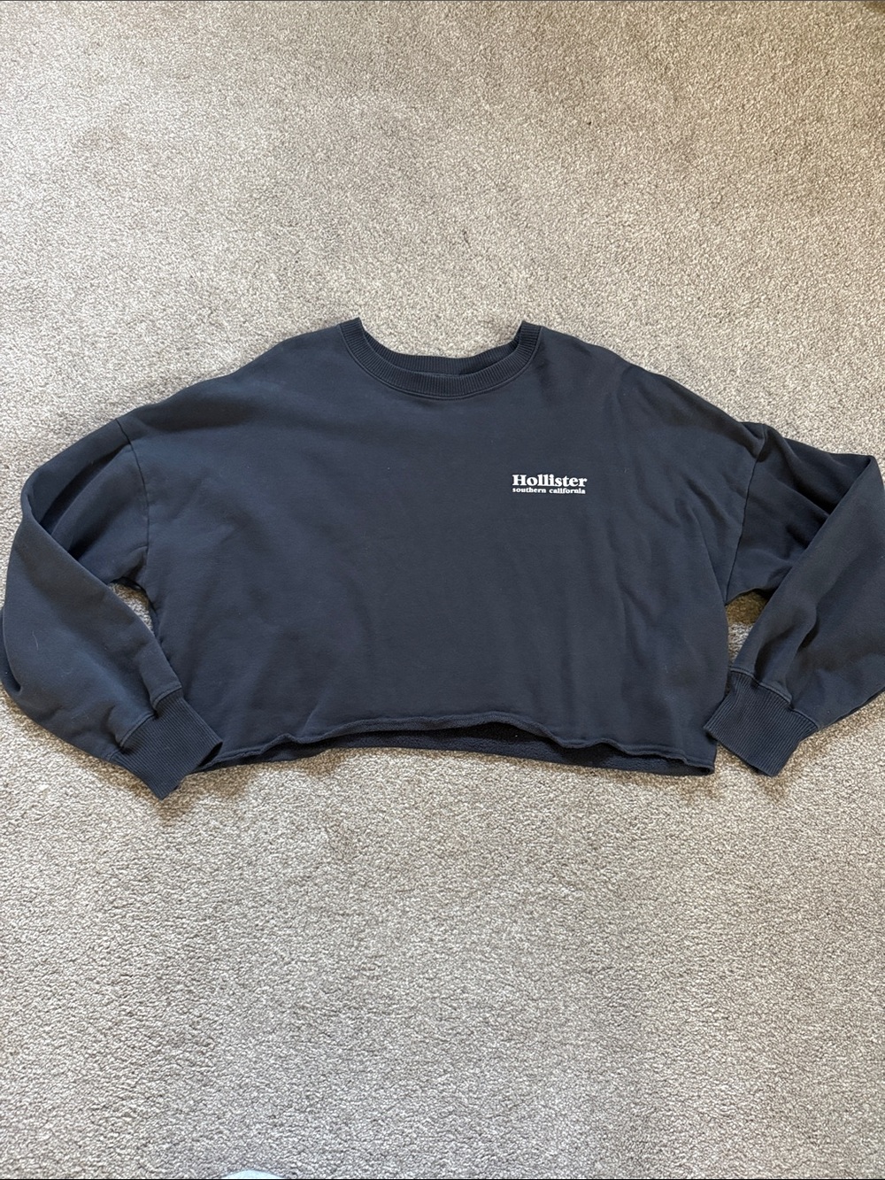 Hollister Dark Grey Cropped Pullover Sweatshirt with White Logo